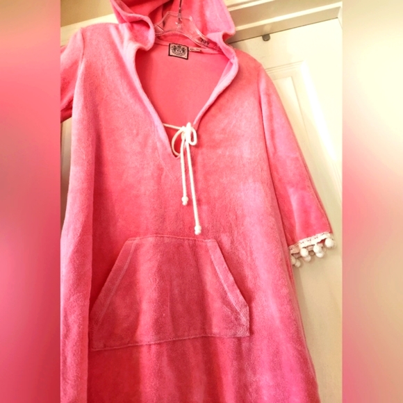 Y2K JUICY COUTURE Terry Cloth Salmon Pink Hood PLUNGE Dingleballs Mini Dress P/S - Picture 4 of 12